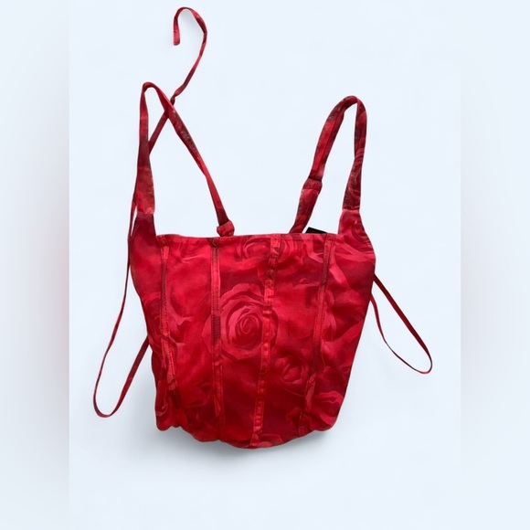 Windsor Tops - Windsor Red Rose Print Corset Bustier Top XS Lace-Up Back